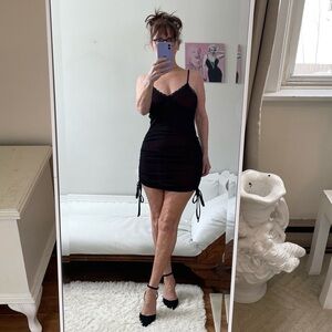 NWT ROMWE BLACK SHEER MESH SLIP DRESS RED LINING ADJUSTABLE SIDE RUCHING LACE